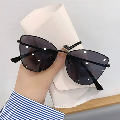 “Retro cat-eye sunglasses, small metal frame, European style, UV400 protection.”