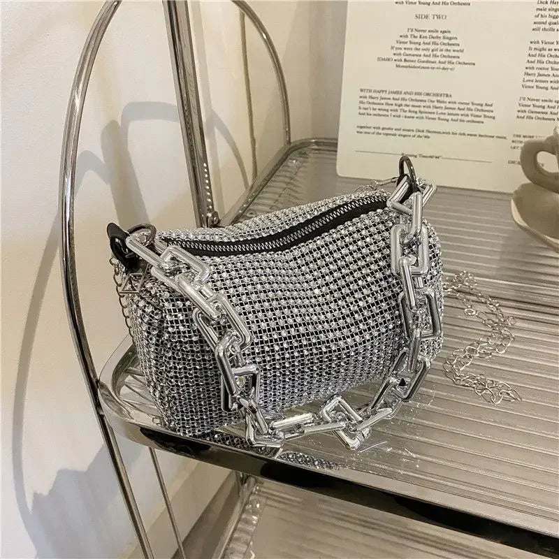 “Glitter rhinestone bucket bag with chain, mini crossbody purse for women.”