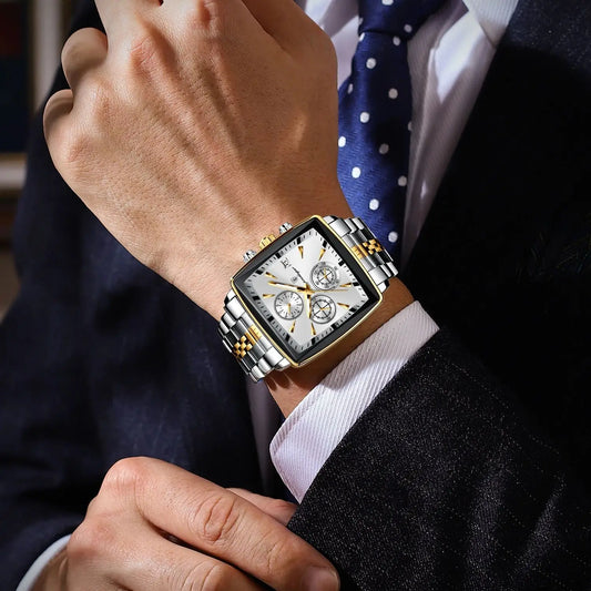 “Luxury waterproof square sport men’s watch with luminous chronograph, quartz, stainless steel.”