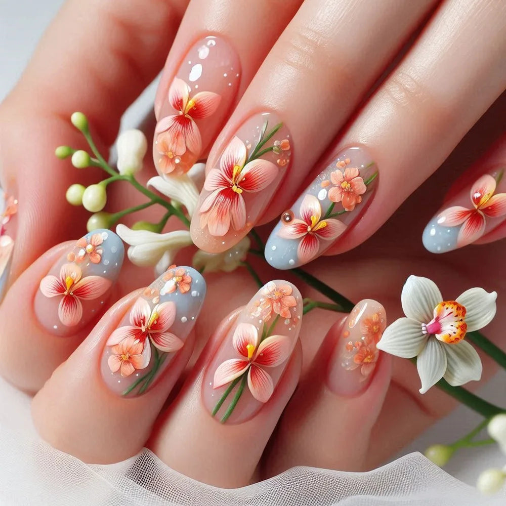 “24Pcs Matte Almond Press-On Nails – Autumn Winter Rose Leaf Design, Full Cover with Glue”
