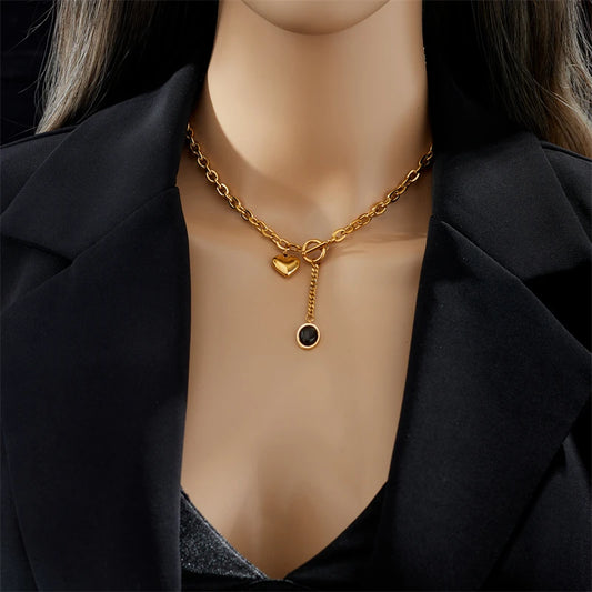 “316L Stainless Steel Necklace with Black Heart Pendant, Trendy OT-Buckle Chain.”