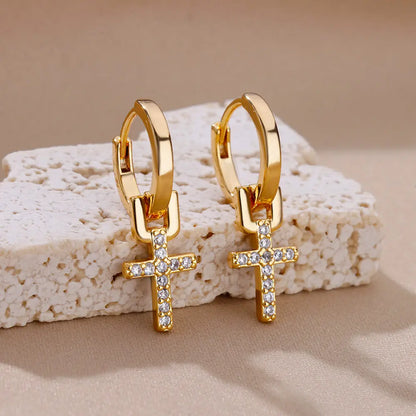 “Zircon Cross Dangle Earrings for Women, Stainless Steel, Trending Wedding Jewelry.”
