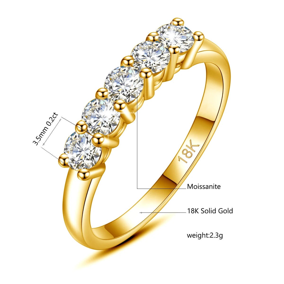 “Original 18K gold moissanite ring, 5 stones, stamped luxury engagement jewelry.”