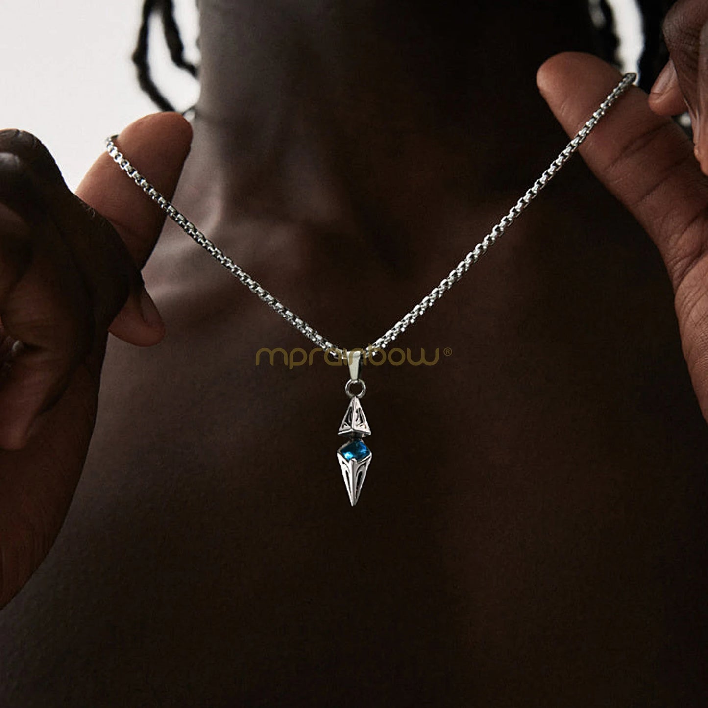 “Stylish Blue Stone Necklace for Men & Women - Stainless Steel Geometric Pendant.”
