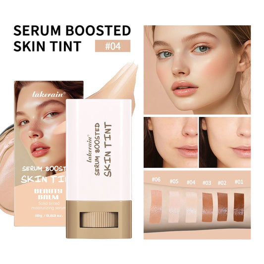“Smooth Foundation Stick: High Coverage, Skin-Boosting Balm Serum, Travel-Friendly Bronze Tint.”