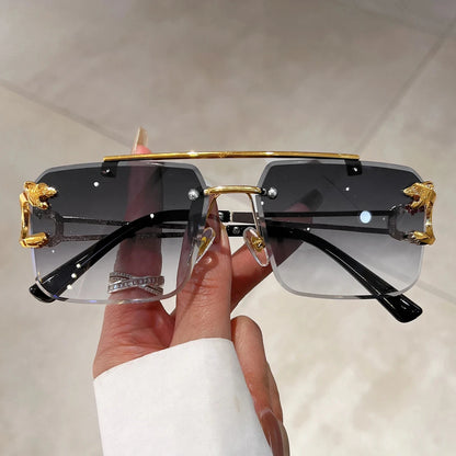 “Retro frameless unisex sunglasses, nickel double-layer design, UV400 protection.”