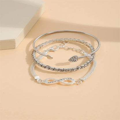 “Vintage Silver Crystal Heart Bracelet Set – Geometric Adjustable Infinity Cuff for Women”