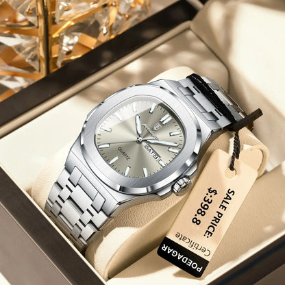 “Luxury military square men’s watch, waterproof, luminous date/week, stainless steel quartz.”