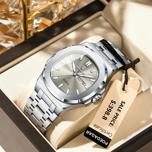 “Luxury military square men’s watch, waterproof, luminous date/week, stainless steel quartz.”