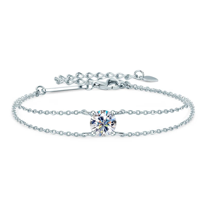 “1ct Moissanite Bracelet, 925 Silver Double Chain, Elegant Wedding Jewelry Gift.”