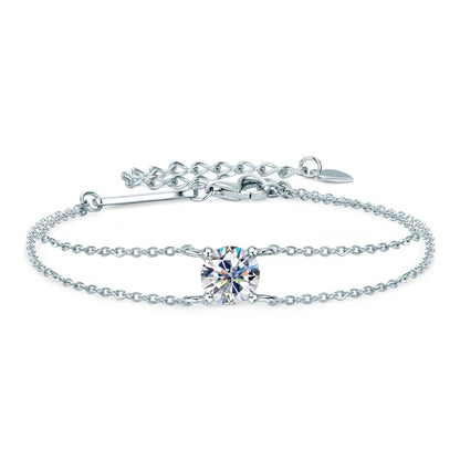 “1ct Moissanite Bracelet, 925 Silver Double Chain, Elegant Wedding Jewelry Gift.”