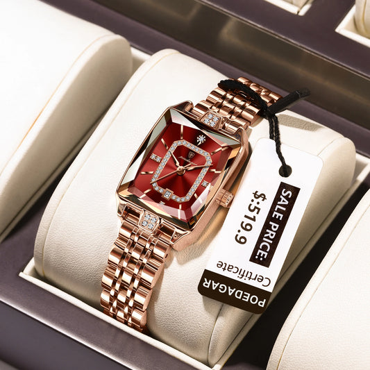 “Elegant waterproof women’s wristwatch, stainless steel, quartz, date display, stylish rectangle design.”