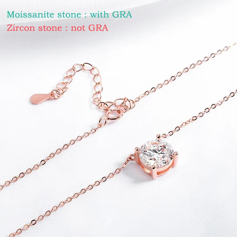 “Rose gold moissanite necklace, sparkling D color, 925 sterling silver pendant.”