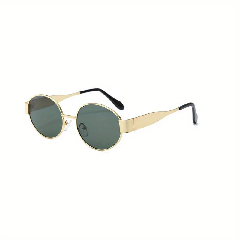 “Oval sunglasses with metal frame, trendy unisex design, classic shades.”