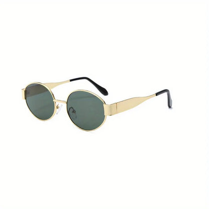 “Oval sunglasses with metal frame, trendy unisex design, classic shades.”