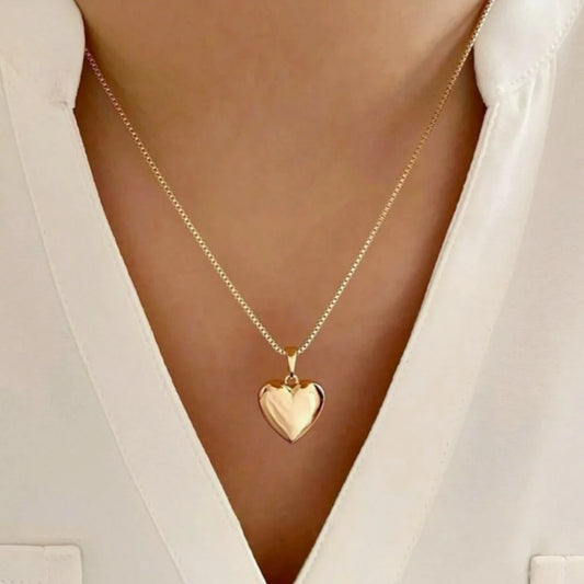 “Glossy Gold-Plated Love Heart Earrings & Necklace Set - Simple Dainty Jewelry for Women.”