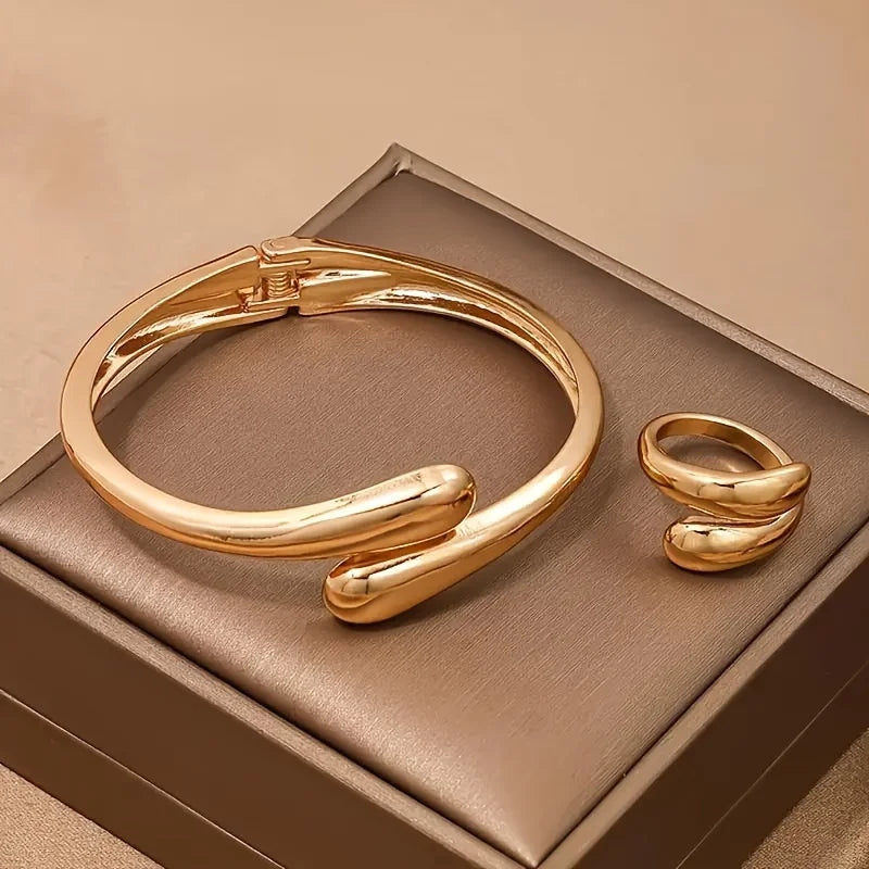 “Punk Water Drop Shaped Bracelet, Ring & Earring Set – Smooth, Versatile Fashion Jewelry for Women”
