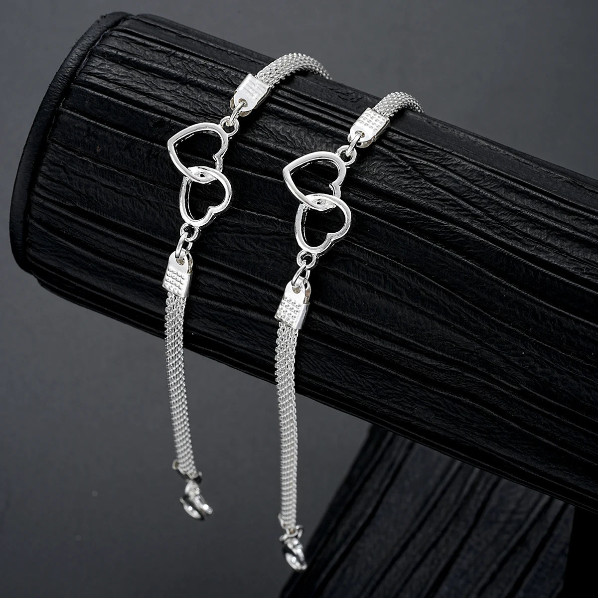 “2 Pcs Love Heart Couple Bracelets, Silver Double Layer Matching Chain Jewelry Gift.”