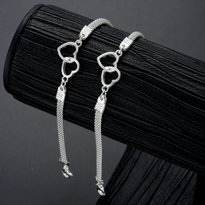 “2 Pcs Love Heart Couple Bracelets, Silver Double Layer Matching Chain Jewelry Gift.”