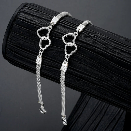 “2 Pcs Love Heart Couple Bracelets, Silver Double Layer Matching Chain Jewelry Gift.”