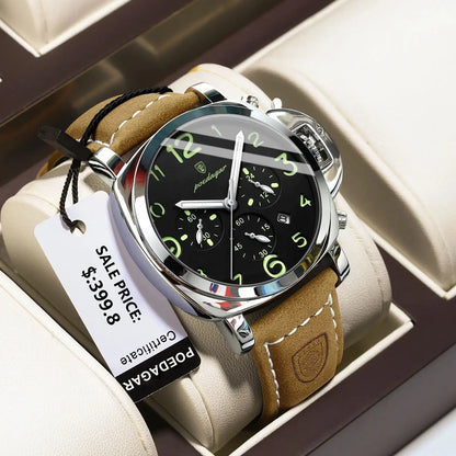 “Luxury military men’s watch, waterproof, luminous, leather strap, quartz, high quality.”