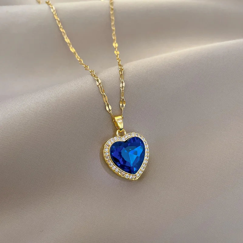 “Women’s 316L Stainless Steel Heart Pendant with Big Blue Zircon Stylish Gift”