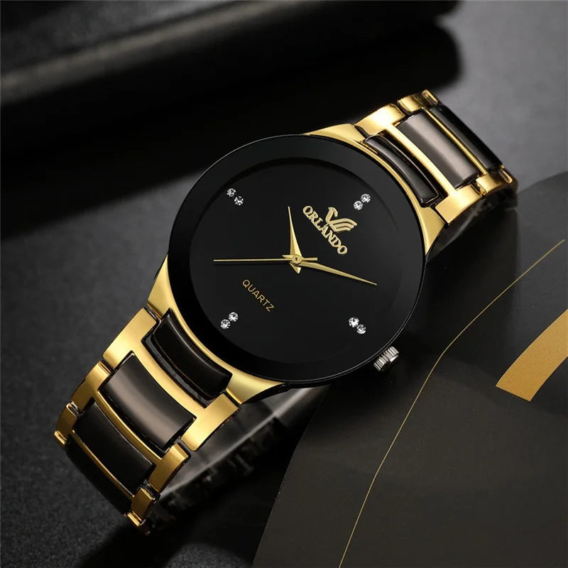 “Stylish men’s quartz watch, black steel band, perfect for business attire.”