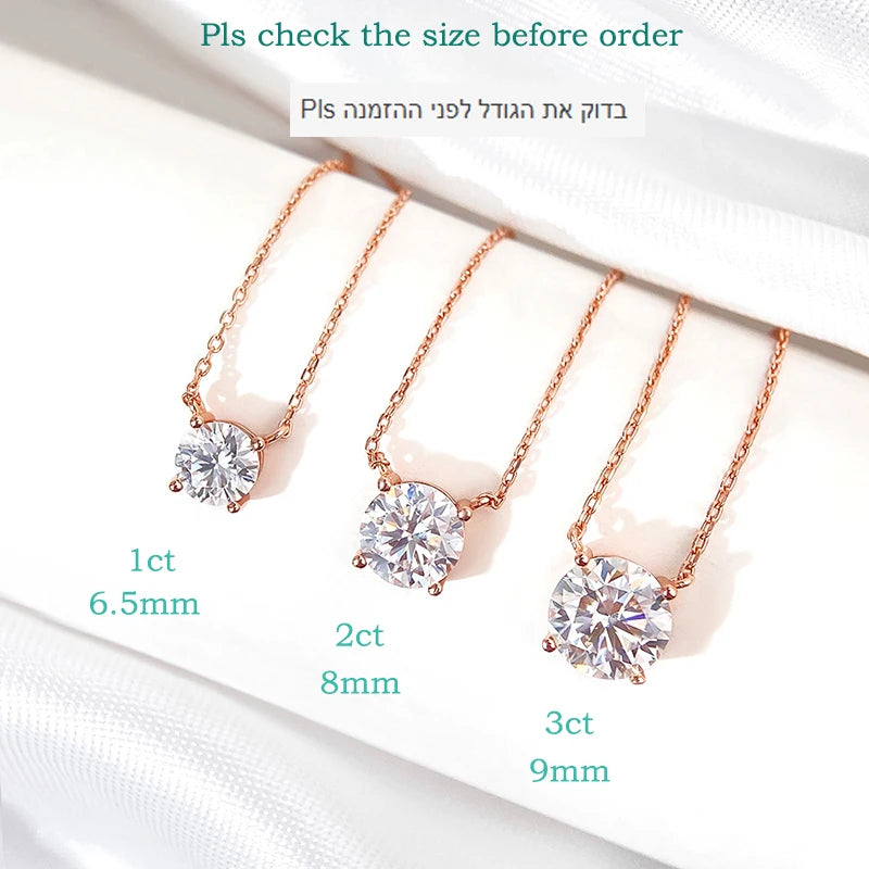 “Rose gold moissanite necklace, sparkling D color, 925 sterling silver pendant.”