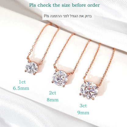 “Rose gold moissanite necklace, sparkling D color, 925 sterling silver pendant.”