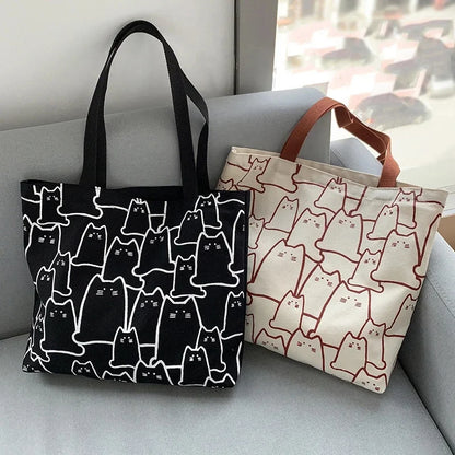 “Canvas tote bag for women, cute cat design, zipper, small Japanese style.”