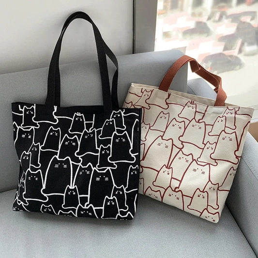 “Canvas tote bag for women, cute cat design, zipper, small Japanese style.”