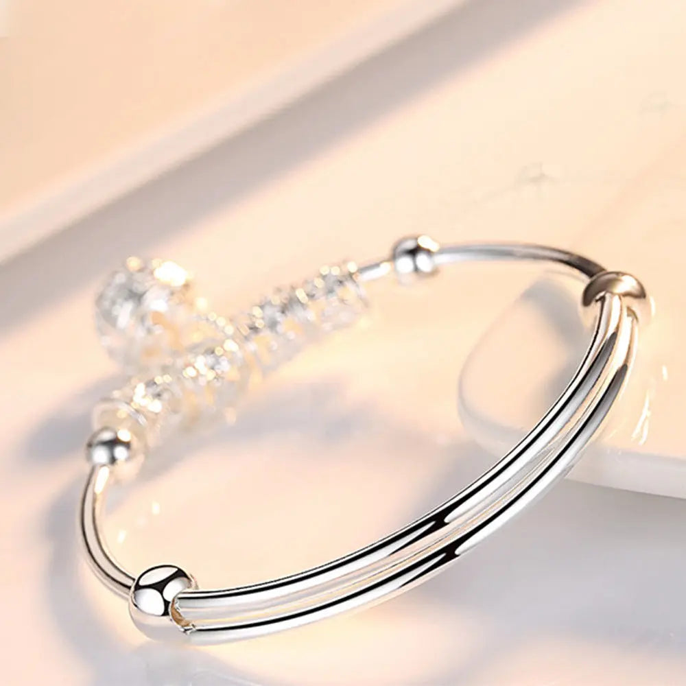 “Fine Silver Color Hollow Bell Ball Bangles, Adjustable Bracelets for Women, Fashion Jewelry.”