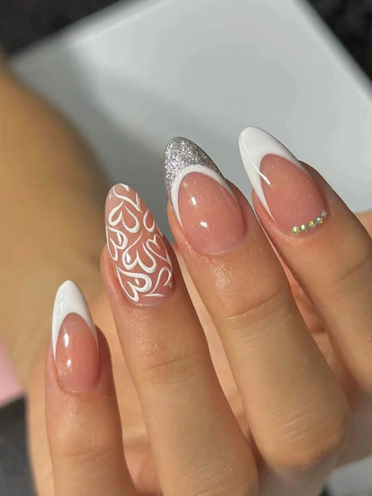 “24PCS Medium Stiletto Pink Press-On Nails – Full Cover Fake Nail Set with Love Design”