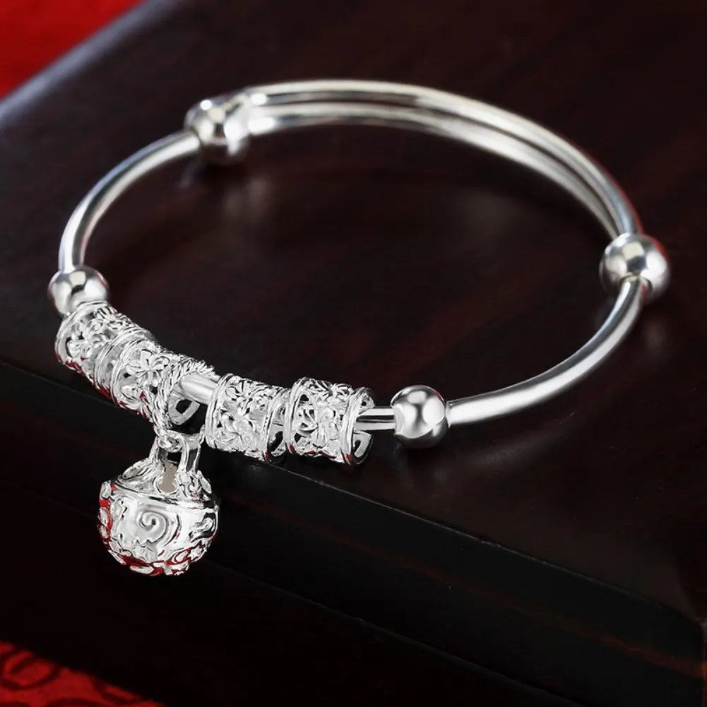 “Fine Silver Color Hollow Bell Ball Bangles, Adjustable Bracelets for Women, Fashion Jewelry.”