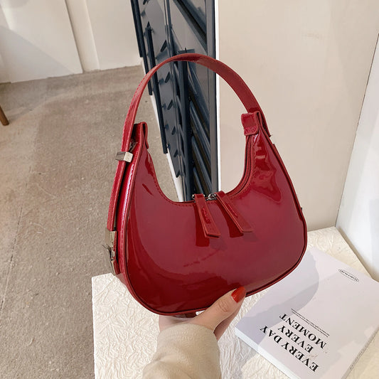 “Vintage PU leather half-moon small handbag, luxury, retro red, mini tote.”