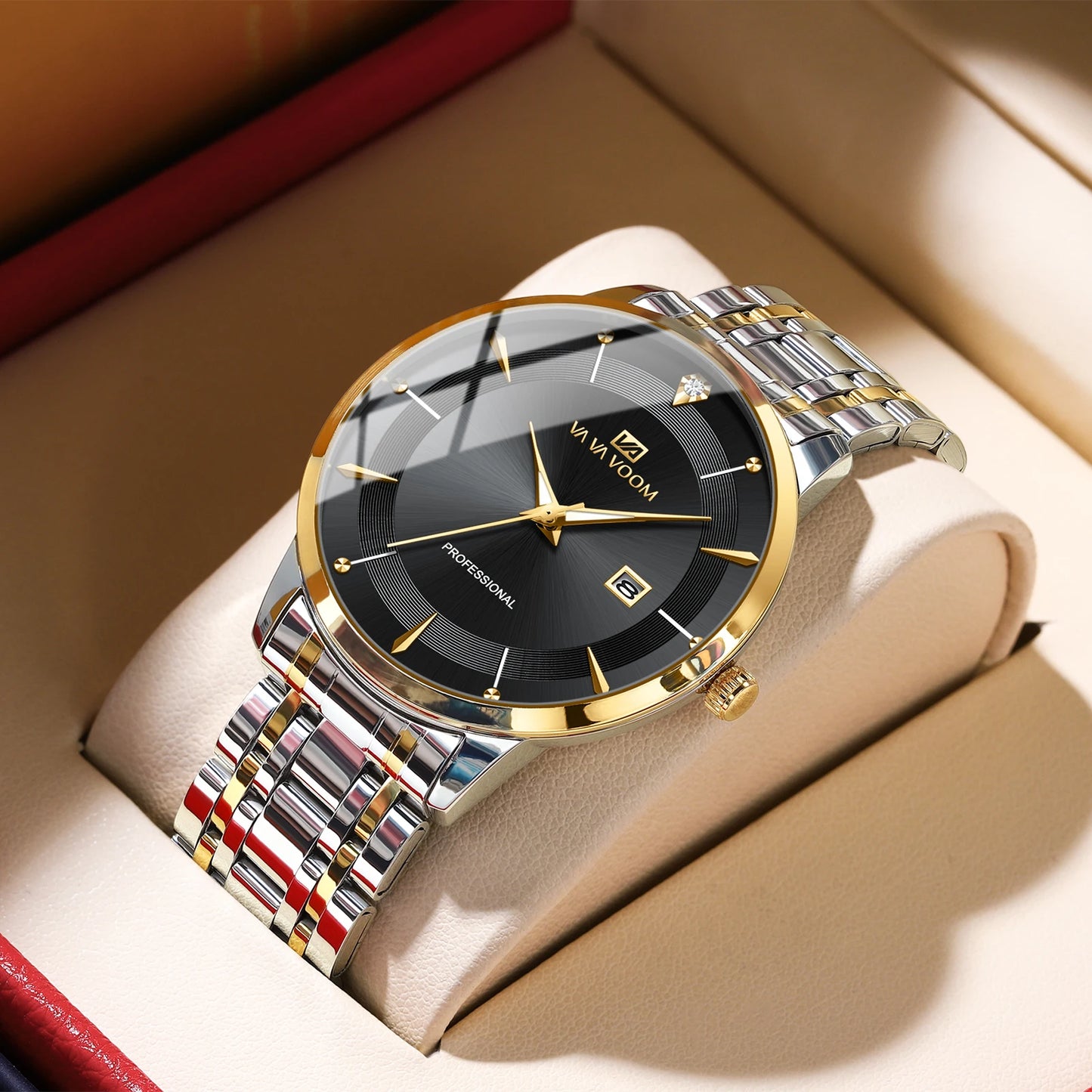 “Men’s Stainless Steel Luxury Watch, Blue-Gold Quartz, Business Style, 43mm.”