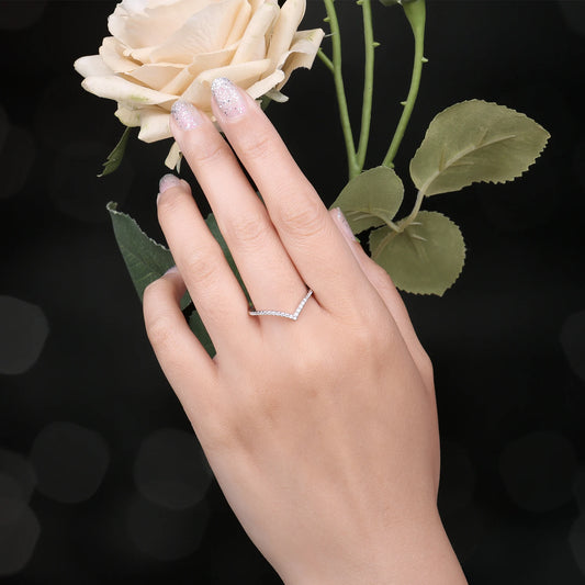 “Moissanite D Color Round Cut 925 Sterling Silver V Shape Stackable Wedding Ring.”