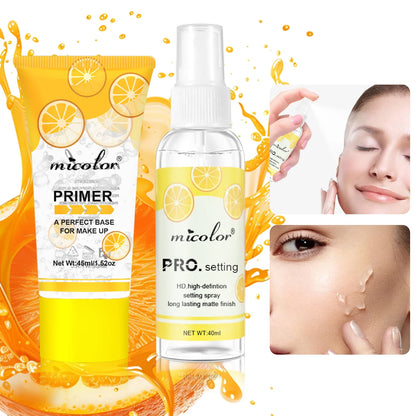 “Complete Makeup Set: Primer & Setting Spray, Invisible Pores, Long-lasting, Flawless Finish.”