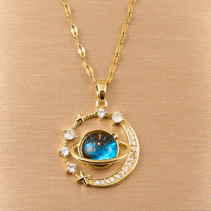 “Exquisite Starry Sky Planet Necklace – Luxurious Stainless Steel Clavicle Chain with Stars & Moon Design”