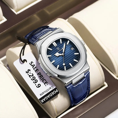 “Top Luxury Square Man Watch Date Waterproof Luminous Men’s Quartz Leather”