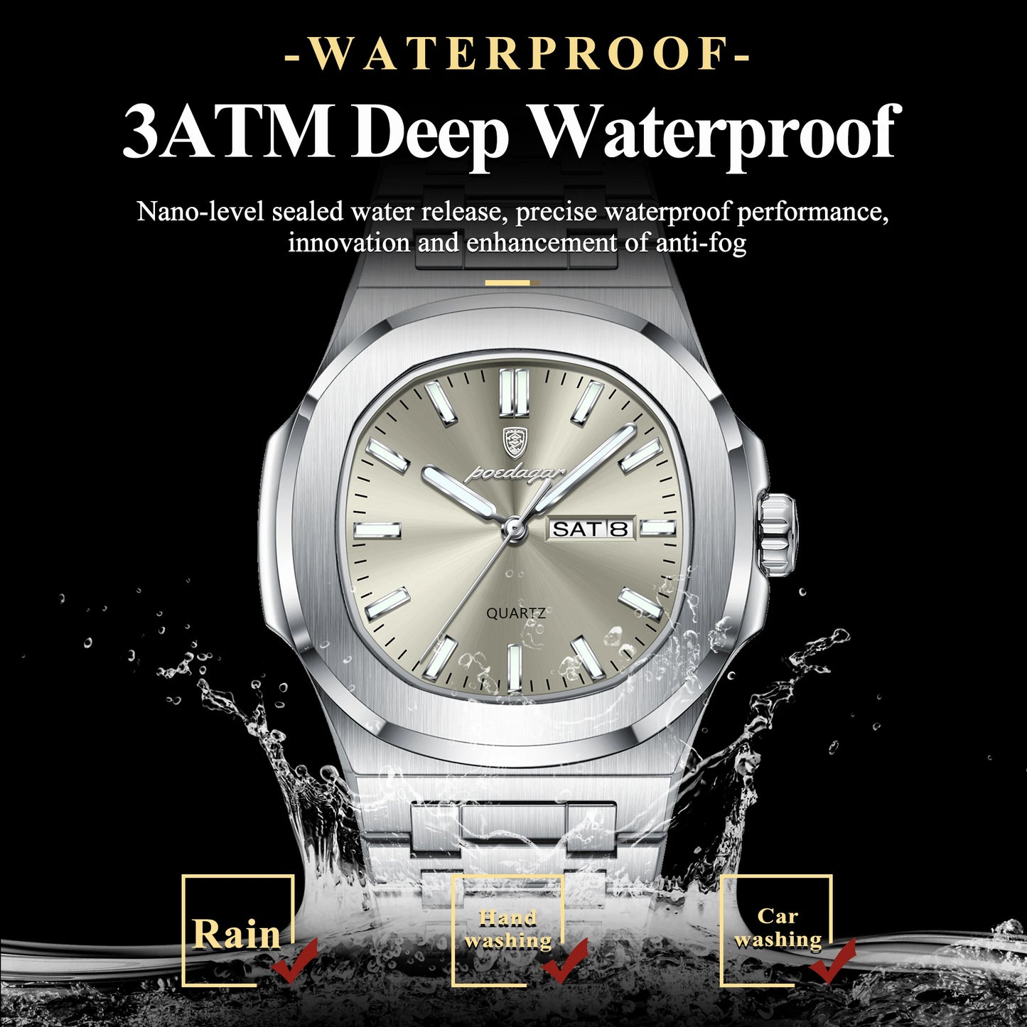 “Luxury military square men’s watch, waterproof, luminous date/week, stainless steel quartz.”