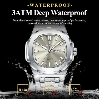 “Luxury military square men’s watch, waterproof, luminous date/week, stainless steel quartz.”