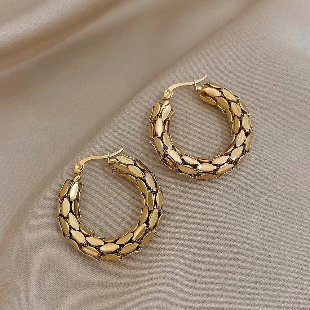 “Stainless steel gold geometric mesh hoop earrings, trendy stylish jewelry gift women.”
