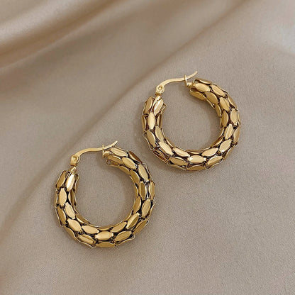 “Stainless steel gold geometric mesh hoop earrings, trendy stylish jewelry gift women.”