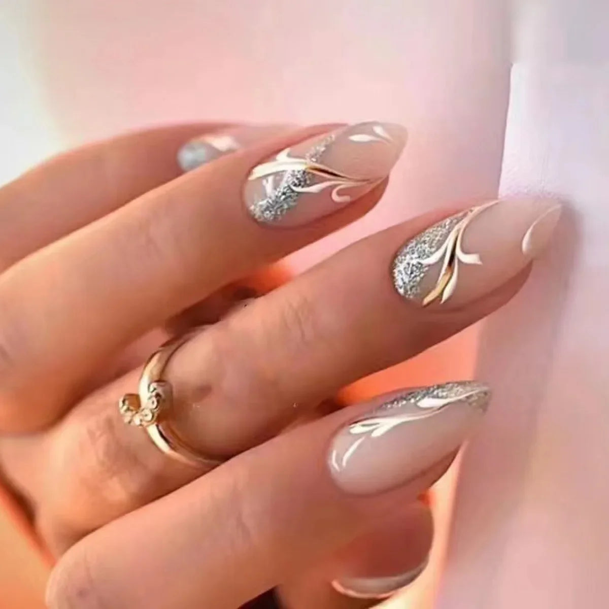 “24Pcs Matte Almond Press-On Nails – Autumn Winter Rose Leaf Design, Full Cover with Glue”
