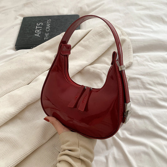 “Vintage PU leather half-moon small handbag, luxury, retro red, mini tote.”