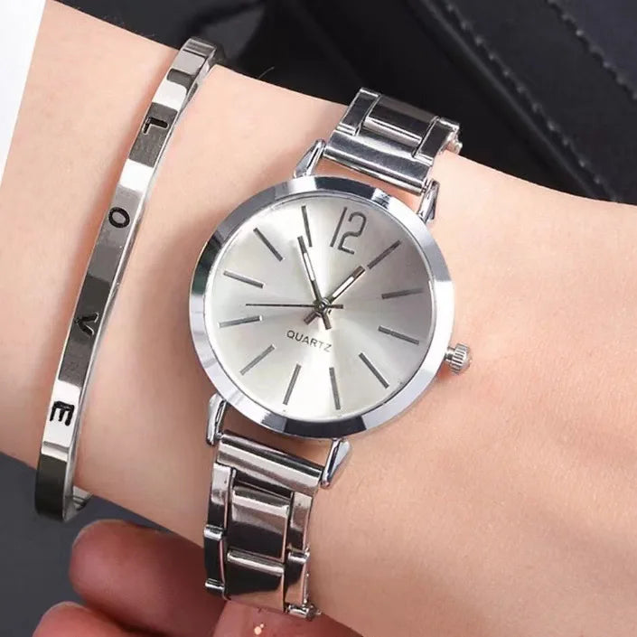 “2pcs Set Luxury Women’s Watch - Simple Dial, Hollow Strap, Gold Bracelet Quartz Wristwatch.”