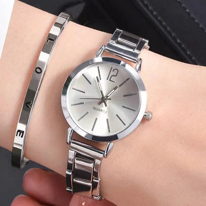 “2pcs Set Luxury Women’s Watch - Simple Dial, Hollow Strap, Gold Bracelet Quartz Wristwatch.”
