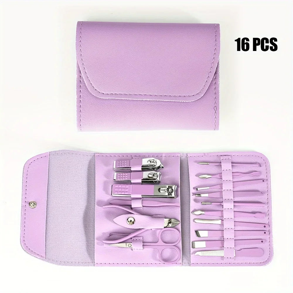 “16-piece professional manicure set with nail clippers, cuticle nippers, and travel case.”