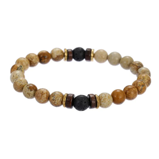 “Volcanic Stone Lava & Wooden Beads Bracelet - Tibetan Buddha Wrist Chain for Men & Women.”